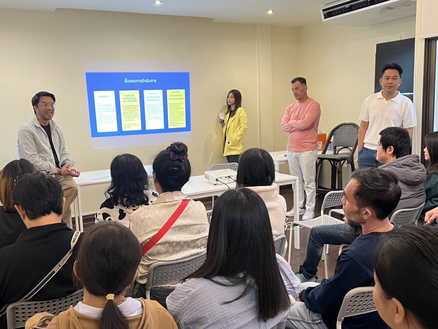 Workers attending a company presentation